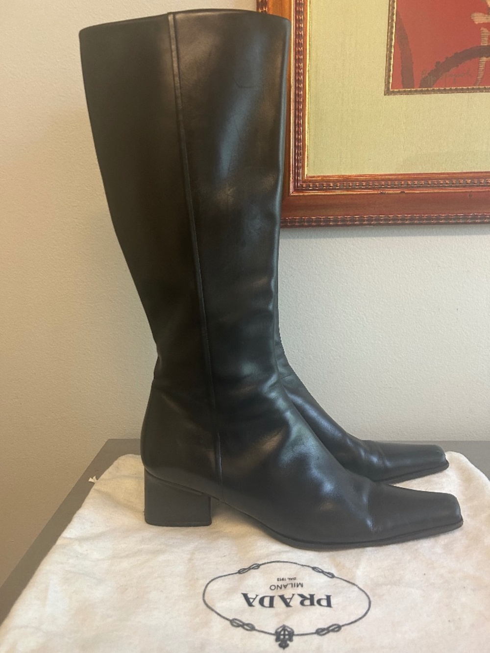 Authentic Prada Vintage Black Leather Knee High Boots Square Toe 39 Italy
